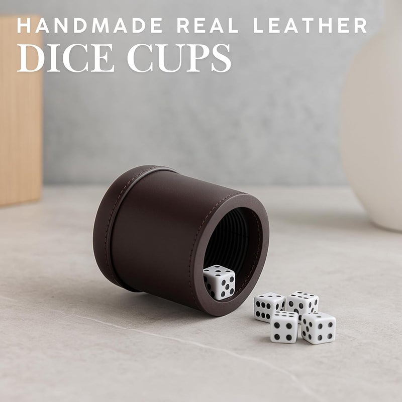 WE Games Professional, Handmade Dark Brown Leather Dice Cup Set - 5 Dice & Cloth Carry Bag - Image 2